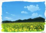  blonde_hair blue_sky cloud cloudy_sky highres mountain mountainous_horizon no_humans original plant rapeseed_blossoms scenery sky sunrise_arte 