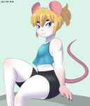  2023 anthro bottomwear clothing fingers girly hi_res hotpants looking_at_viewer mammal marvin_(mr-shin) midriff mouse mr-shin murid murine rodent shirt shorts sitting solo tail tank_top thick_thighs topwear 