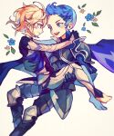  2boys aokamei armor carrying collared_shirt corrin_(fire_emblem) corrin_(male)_(fire_emblem) fire_emblem fire_emblem_fates grey_eyes grey_hair looking_at_another multiple_boys open_mouth princess_carry quiff shirt silas_(fire_emblem) smile teeth upper_teeth_only 