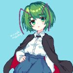  1girl 999_(hansode) antennae black_cape blue_background blue_shorts cape character_name commentary_request green_eyes green_hair hand_on_own_hip highres long_sleeves looking_at_viewer open_mouth pixel_art short_hair shorts solo touhou upper_body wriggle_nightbug 