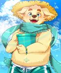  1boy blue_eyes blue_scarf blue_sky blush bucket copyright_request dog furry furry_male green_male_swimwear hat highres lens_flare looking_at_viewer male_focus male_swimwear ocean open_mouth personification scarf sharp_teeth sky solo summer teeth thick_eyebrows yellow_headwear yoiboshi_123 