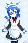  2017 4_fingers abstract_background ahoge amber_eyes anthro apron artist_logo artist_name biped black_claws black_clothing black_nose blue_background blue_body blue_clothing blue_ears blue_fur blue_hair blue_legwear blue_stockings blue_tail claws clothed clothing crossdressing devil-vox devy_(devil-vox) digital_drawing_(artwork) digital_media_(artwork) dipstick_tail domestic_cat eyewear felid feline felis finger_claws fingers frilly frilly_clothing fully_clothed fur glasses hair kemono legwear logo looking_at_viewer maid_apron maid_headdress maid_uniform male mammal markings monotone_hair multicolored_body multicolored_fur notched_ear open_mouth raised_tail rectangular_glasses red_scarf scarf simple_background solo standing stockings tail tail_markings two_tone_body two_tone_fur two_tone_tail uniform white_clothing 