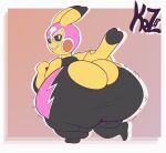  2023 anthro big_butt black_clothing black_nose black_sclera breasts butt clothing cosplay_pikachu_(costume) digital_media_(artwork) female flat_colors generation_1_pokemon hand_on_breast hand_on_butt hi_res huge_butt looking_back mask nintendo pikachu pikachu_libre pink_clothing pink_mask pokemon pokemon_(species) rear_view red_cheeks short_stack simple_background smile smotrilla smug solo sports_mask sportswear susie_(reathe) tail thick_thighs tight_clothing white_eyes wrestling_mask wrestling_outfit yellow_body yellow_ears yellow_tail 