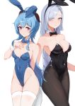  2girls absurdres ahoge animal_ears back-to-back black_bow black_bowtie black_leotard black_pantyhose blue_bow blue_bowtie blue_eyes blue_hair blue_leotard bow bowtie breasts detached_collar ganyu_(genshin_impact) genshin_impact grey_hair hair_over_one_eye hand_on_own_chest highres horns leotard long_hair medium_breasts multiple_girls ni_de_pengyou pantyhose playboy_bunny purple_eyes rabbit_ears rabbit_tail shenhe_(genshin_impact) sidelocks simple_background strapless strapless_leotard tail thighhighs very_long_hair white_background white_thighhighs wrist_cuffs 