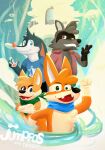  2d adventure animated anthro application canid canine canis city domestic_dog fennec fox game_(disambiguation) group hi_res jkfussy jumpfos male mammal procyonid raccoon sky 