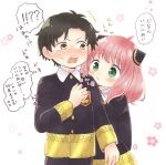  1boy 1girl anya_(spy_x_family) black_hair blush child collared_shirt damian_desmond dress eden_academy_school_uniform green_eyes hairpods long_sleeves maekawa_suu open_mouth pink_hair school_uniform shirt short_hair smile spy_x_family translation_request yellow_eyes 