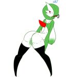  2023 absurd_res bite_mark_on_butt butt clothed clothing drugs female gardevoir generation_3_pokemon genitals green_hair green_nipples green_pussy hair hair_over_eye hi_res humanoid legwear looking_back marijuana nintendo nipples no_underwear not_furry one_eye_obstructed pokemon pokemon_(species) presenting presenting_hindquarters pussy rear_view red_eyes renv signature simple_background solo thigh_highs white_background 