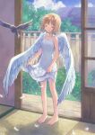  1girl :d ^_^ air_(visual_novel) angel_wings architecture bare_arms barefoot bird blonde_hair blue_sky closed_eyes clothes_lift cloud collarbone commentary_request crow day dress dress_lift east_asian_architecture feathered_wings feathers feet fence full_body hair_intakes hikari67 indoors kamio_misuzu lifted_by_self nail_polish open_mouth short_hair sky smile solo spoilers sundress tatami toenail_polish toenails toes tree white_feathers white_wings wings 
