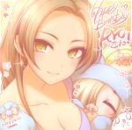  2girls blonde_hair box breasts brown_eyes brown_hair cleavage closed_eyes closed_mouth commentary_request dated earrings eberoton forehead gift gift_box hair_over_one_eye idolmaster idolmaster_cinderella_girls jewelry long_hair looking_at_viewer matsunaga_ryo medium_breasts multiple_girls shirasaka_koume short_hair smile upper_body 