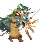  1boy 1girl belt book boots brown_hair child clenched_teeth dress female_child fire_emblem fire_emblem:_the_blazing_blade fire_emblem_heroes full_body green_eyes grey_hair hair_between_eyes high_ponytail highres holding holding_book holding_sword holding_weapon hood jewelry knee_boots long_hair looking_away lyn_(fire_emblem) male_child mark_(fire_emblem:_the_blazing_blade) necklace non-web_source official_art parted_lips ponytail shoes short_dress short_hair short_sleeves shorts sword teeth torn_clothes transparent_background turtleneck vambraces wada_sachiko weapon 