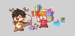  animal_costume chibi chisuke_1104 genshin_impact gift grey_background holding holding_gift holding_sack red_nose reindeer_costume sack santa_costume slime_(genshin_impact) tartaglia_(genshin_impact) zhongli_(genshin_impact) 