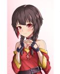  1girl absurdres alternate_hairstyle belt black_choker black_gloves braid brown_hair choker fingerless_gloves gloves highres kono_subarashii_sekai_ni_shukufuku_wo! looking_at_viewer lyourika megumin red_eyes short_hair_with_long_locks smile solo twin_braids upper_body 