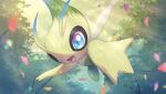  :d absurdres antennae artist_name blue_eyes blurry blurry_background celebi commentary_request day full_body highres light_particles light_rays looking_at_viewer no_humans nullma open_mouth outdoors petals pokemon pokemon_(creature) signature smile sunlight tongue tree wings 