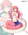  1girl absurdres blue_skirt breasts commentary_request crop_top hand_on_own_hip highres jarckius lamia large_breasts long_hair looking_at_viewer midriff miia_(monster_musume) miniskirt monster_girl monster_musume_no_iru_nichijou navel pencil_skirt pink_hair pointy_ears shirt short_sleeves simple_background skirt smile stomach very_long_hair white_background white_shirt yellow_eyes zoom_layer 