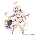  1girl axe bare_shoulders black_footwear breasts character_request cleavage covered_navel dennou_tenshi_djibril detached_sleeves detached_wings full_body glowing glowing_wings hair_between_eyes hair_ornament halo highres holding holding_axe light_brown_hair long_hair long_sleeves low_twintails medium_breasts mini_wings official_art old_school_swimsuit one-piece_swimsuit puffy_long_sleeves puffy_sleeves purple_eyes school_swimsuit see-through see-through_sleeves shoes simple_background solo swimsuit twintails umeko_machi very_long_hair white_background white_one-piece_swimsuit wings x_hair_ornament 