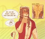  2021 abs admiring anthro athletic athletic_anthro athletic_male belly_hair blush blush_lines body_hair brown_body brown_fur brown_mane brown_scales chest_hair chest_tuft clothing dialogue digital_media_(artwork) dragon ellipsis english_text felid first_person_view fur hand_on_chin hi_res lion male mammal mane navel nipples orion_(xeoniios) pantherine red_clothing red_shirt red_topwear ryzz_(xeoniios) scales scalie shirt simple_background solo speech_bubble tail tail_tuft tan_body tan_fur tan_scales text topwear tuft wingless_dragon xeoniios yellow_background 