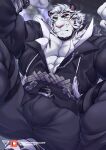  1boy absurdres animal_ears arknights bara blue_eyes bulge crotch estper facial_hair feet_out_of_frame furry furry_male goatee hands_up highres large_hands large_pectorals looking_at_viewer male_focus mature_male mountain_(arknights) mountain_(dark_cloud)_(arknights) muscular muscular_male official_alternate_costume paid_reward_available pectoral_cleavage pectorals scar scar_across_eye short_hair solo spread_legs tail thick_eyebrows tiger_boy tiger_ears tiger_tail white_hair 
