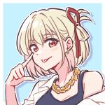  1girl akamirai blonde_hair chain earrings gold_chain jewelry looking_at_viewer lycoris_recoil necklace nishikigi_chisato portrait red_eyes red_ribbon ribbon short_hair single_earring smile tongue tongue_out 