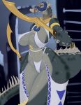  anthro bandage_on_face big_breasts bone breasts clothed clothing crocodile crocodilian crocodylid derangedrake female hi_res holding_object holding_sword holding_weapon long_tail melee_weapon non-mammal_breasts partially_clothed reptile scalie skimpy solo spikes sword tail thick_tail thick_thighs weapon wide_hips 