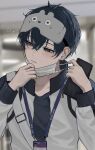  1boy bag black_hair blue_eyes blue_lock blush closed_mouth collared_shirt commentary_request earphones eye_mask hair_between_eyes highres holding id_card isagi_yoichi long_sleeves male_focus mask moguu_oo0 mouth_mask shirt short_hair solo totoro upper_body zipper zipper_pull_tab 