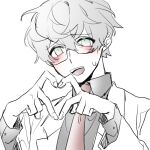  1boy benjamin_(project_moon) black_shirt blush coat collared_shirt glasses green_eyes grey_hair heart heart_hands lab_coat lobotomy_corporation long_sleeves male_focus necktie open_mouth portrait project_moon red_necktie shirt simple_background smile solo solo_a sweat white_background white_coat 