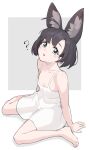  1girl absurdres ahoge animal_ear_fluff animal_ears aqua_eyes arms_at_sides arukiru asymmetrical_bangs bare_arms bare_shoulders barefoot black_hair collarbone dress eyelashes flat_chest from_above from_side full_body highres large_ears looking_at_viewer looking_to_the_side looking_up no_bra open_mouth original parted_lips short_hair simple_background sitting sleeveless sleeveless_dress solo spaghetti_strap sundress wariza white_dress 