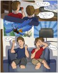  anthro avian brown_hair building clothed clothing colored comic dialogue duo english_text eyes_closed furniture gaming gender_transformation hair hi_res house human male mammal mtf_transformation nintendo nintendo_switch playing_videogame pre-transformation rito schmen sitting sofa species_transformation speech_bubble surprised_expression television text the_legend_of_zelda transformation 