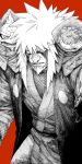  1boy animal_on_shoulder armor beard chainmail facial_hair facial_mark feet_out_of_frame frog fukasaku_(naruto) goatee greyscale_with_colored_background high_collar highres japanese_clothes jiraiya_(naruto) kimono long_hair male_focus mature_male naruto_(series) naruto_shippuuden sanpaku sashimi92708329 serious sharp_teeth shima_(naruto) solo_focus spiked_hair teeth white_hair 