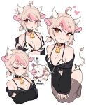  1girl absurdres animal_ears bell black_choker black_hoodie black_thighhighs blonde_hair breasts choker cleavage closed_eyes commentary cow_ears cow_girl cow_horns cow_print_bikini cow_tail cremanata crossed_arms heart highres hood hoodie horns large_breasts medium_hair multiple_views neck_bell off_shoulder open_clothes open_hoodie original simple_background tail thighhighs white_background 