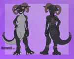  2023 absurd_res anthro bedroom_eyes black_body black_scales claws colored digital_drawing_(artwork) digital_media_(artwork) ear_piercing ear_ring female flat_chested front_view genitals hatwolf hi_res horn kazarra_the_kobold kobold looking_at_viewer narrowed_eyes nude piercing pussy rear_view reptile ring_piercing scales scalie seductive signature simple_background smile solo tail teeth 