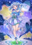  1girl :d absurdres blue_bow blue_dress blue_eyes blue_footwear blue_hair bow breasts dress faux_figurine flower frilled_dress frills gradient_dress green_bow highres indie_virtual_youtuber purple_dress rocket sandals small_breasts smile solo standing standing_on_one_leg star_(symbol) tenton_(henatyo) twintails usui_clear virtual_youtuber 