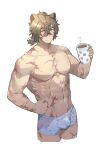  1boy abs alchemy_stars animal_ears animal_print bara bear_boy bear_ears bear_print blue_male_underwear blush boxer_briefs bulge character_request cropped_legs cup genderswap glasses heart heart_print highres holding holding_cup huan_shi_tian_tong large_pectorals looking_at_viewer low_ponytail male_focus male_underwear medium_hair mug muscular muscular_male navel no_nipples pectorals print_mug shy solo stomach thick_eyebrows too_many_scars topless_male underwear 