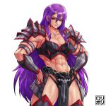 1girl abs armlet armor armored_gloves black_armor breastplate breasts cleavage_cutout clothing_cutout collarbone hands_on_own_hips highres jamrolypoly large_breasts long_hair looking_at_viewer midriff muscular muscular_female navel original pelvic_curtain purple_hair red_eyes scar scar_across_eye shoulder_armor solo thick_thighs thighs very_long_hair 