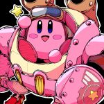  absurdres black_background blush_stickers colored_skin drawfag goggles helmet highres kirby kirby:_planet_robobot kirby_(series) looking_at_viewer mechanical_arms no_humans open_mouth outline pink_skin robobot_armor robot simple_background smile star_(symbol) white_outline 