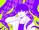  1boy artist_name chainsaw_man ear_piercing green_background highres jacket looking_at_viewer mole mole_under_mouth multiple_piercings octopus_devil_(chainsaw_man) osulan piercing purple_hair purple_outline purple_shirt purple_theme shirt short_hair simple_background smile tentacles white_jacket yoshida_hirofumi 