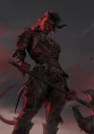  aleksandra_skiba axe baldur&#039;s_gate baldur&#039;s_gate_3 black_hair blood boots colored_skin demon_horns demon_tail dungeons_and_dragons highres holding holding_weapon horns karlach_(baldur&#039;s_gate) leather_strap looking_down muscular muscular_female orange_eyes ponytail red_skin red_sky signature sky tail tongue tongue_out weapon 