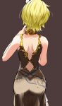  1girl absurdres ass back back_focus backless_dress backless_outfit bare_shoulders blonde_hair brown_dress citrinne_(fire_emblem) dress fire_emblem fire_emblem_engage from_behind gold_choker highres mu_tu_bu short_hair shoulder_blades simple_background solo 