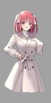  1girl :d alternate_costume blue_eyes coat cropped_legs go-toubun_no_hanayome grey_background hair_ribbon hand_on_own_chest highres long_coat long_sleeves looking_at_viewer medium_hair nakano_nino pink_hair profnote ribbon smile solo two_side_up white_coat white_ribbon 