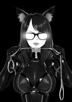  1girl animal_ear_fluff animal_ears bodysuit brassica breasts commission glasses greyscale highres holding holding_leash leash long_hair monochrome o-ring opaque_glasses original parted_lips solo upper_body 