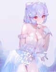  1girl alternate_costume bao_(vtuber) bare_shoulders blue_hair breasts cleavage english_text frills highres indie_virtual_youtuber jewelry looking_at_viewer nail_polish navel necklace panties red_eyes shan_lan smile solo underwear virtual_youtuber whale_girl white_panties 