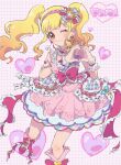  1girl 8td_th ;) aikatsu!_(series) aikatsu_stars! bare_shoulders blonde_hair boots bow character_name checkered_background choker dress earrings frilled_choker frills hair_ornament heart heart_earrings heart_hands highres idol jewelry layered_dress leg_up looking_at_viewer medium_dress medium_hair multicolored_hair navel nijino_yume one_eye_closed orange_eyes orange_hair pink_bow pink_dress simple_background sleeveless smile solo standing standing_on_one_leg twintails twitter_suki wrist_cuffs 