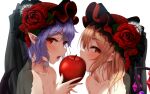  2girls apple bat_wings black_wings blonde_hair blush collarbone crystal fingernails flandre_scarlet flower food fruit indica long_hair multiple_girls nail_polish one_side_up open_mouth pointy_ears purple_hair red_eyes red_flower red_nails red_rose remilia_scarlet rose short_hair siblings simple_background sisters touhou white_background wings 