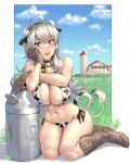  1girl ahoge animal_ears animal_print bell bikini blush boots breasts brown_footwear brown_gloves cow_ears cow_horns cow_print cow_tail cowbell day fake_animal_ears fake_horns fake_tail full_body gloves grey_eyes grey_hair highres horns kantai_collection knee_boots kokuzou large_breasts long_hair navel open_mouth outdoors side-tie_bikini_bottom sidelocks solo swimsuit tail washington_(kancolle) white_bikini 