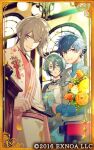  3boys :o ahoge aqua_robe ascot blue_eyes blue_hair blue_shirt brooch brown_hair bungou_to_alchemist card_(medium) chandelier changpao chinese_clothes clenched_hand collared_shirt copyright cowboy_shot double-parted_bangs floral_print flower folded_fan folding_fan glasses gloves gradient_clothes gradient_jacket green_hair hair_between_eyes hanamura_mai hand_fan hands_in_opposite_sleeves haori holding holding_fan incense_burner indoors izumi_kyouka_(bungou_to_alchemist) jacket japanese_clothes jewelry kimono lowres male_focus multiple_boys nakajima_atsushi_(bungou_to_alchemist) official_art orange_flower parted_lips patterned_clothing pink_kimono pink_sash red_eyes robe round_eyewear sash satomi_ton_(bungou_to_alchemist) shirt short_hair_with_long_locks smile spiked_hair striped_ascot table tassel two-tone_kimono vase vest white_ascot white_flower white_gloves white_jacket white_kimono white_robe white_vest window yellow_eyes yellow_flower 