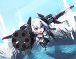  1girl aoi_kao_(lsz7106) attack blue_eyes breasts date_a_live dutch_angle flying gatling_gun mechanical_wings medium_breasts open_mouth short_hair solo tobiichi_origami water weapon white_hair wings 