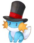  black_headwear closed_mouth clothed_pokemon full_body hat hat_ribbon mudkip no_humans plumsmoke pokemon pokemon_(creature) red_ribbon ribbon smile solo standing top_hat transparent_background 