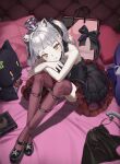  1girl absurdres animal_ear_fluff animal_ears bag bare_arms bare_shoulders black_dress bow cat_ears cat_tail crossed_ankles crossed_arms crown dress full_body grey_hair heart heart_pillow highres hololive knees_up mini_crown murasaki_shion murasaki_shion_(5th_costume) parted_lips pillow rabbit_tail rasa_k shiokko_(murasaki_shion) shoes shopping_bag sitting solo tail tail_bow tail_ornament thighhighs twintails virtual_youtuber yellow_eyes 