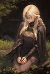  1girl artist_name blonde_hair breasts cinderone cloak covered_eyes dark_souls_(series) dark_souls_iii eye_mask fire_keeper highres kneeling lips long_hair medium_breasts solo web_address 