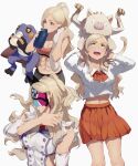  1girl abs blonde_hair bottle breast_pocket breasts cleavage collared_shirt commentary_request croagunk drinking eri_(pokemon) facepaint grey_eyes highres jojobirdz long_hair looking_up mankey open_mouth parted_bangs pleated_skirt pocket pokemon pokemon_(game) pokemon_sv school_uniform shirt skirt team_star teeth tongue upper_teeth_only water_bottle white_background white_shirt 
