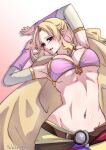  1girl arms_up blonde_hair blue_eyes blush bra breasts brown_cape cape cleavage dated final_fantasy final_fantasy_iv gauntlets highres large_breasts lips long_hair looking_at_viewer midriff navel open_mouth purple_bra rosa_farrell shikiwo signature simple_background solo stomach underboob underwear upper_body 
